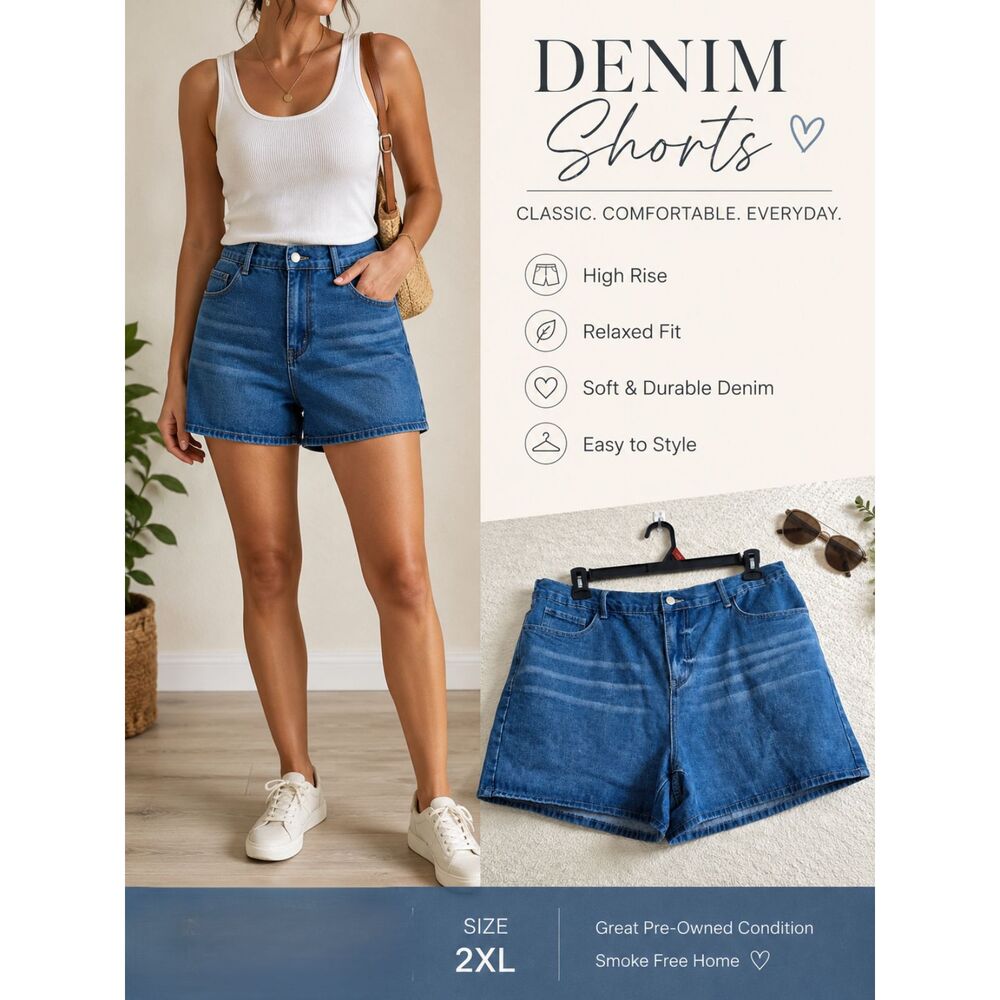 High Rise Denim Shorts Medium Wash Relaxed Fit Elastic Back Size 2XL